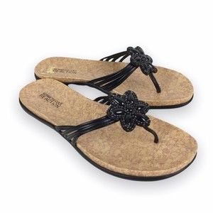 Kenneth Cole Women Glam In Bloom Black Beaded Flower Summer Sandals Flip Flops 8